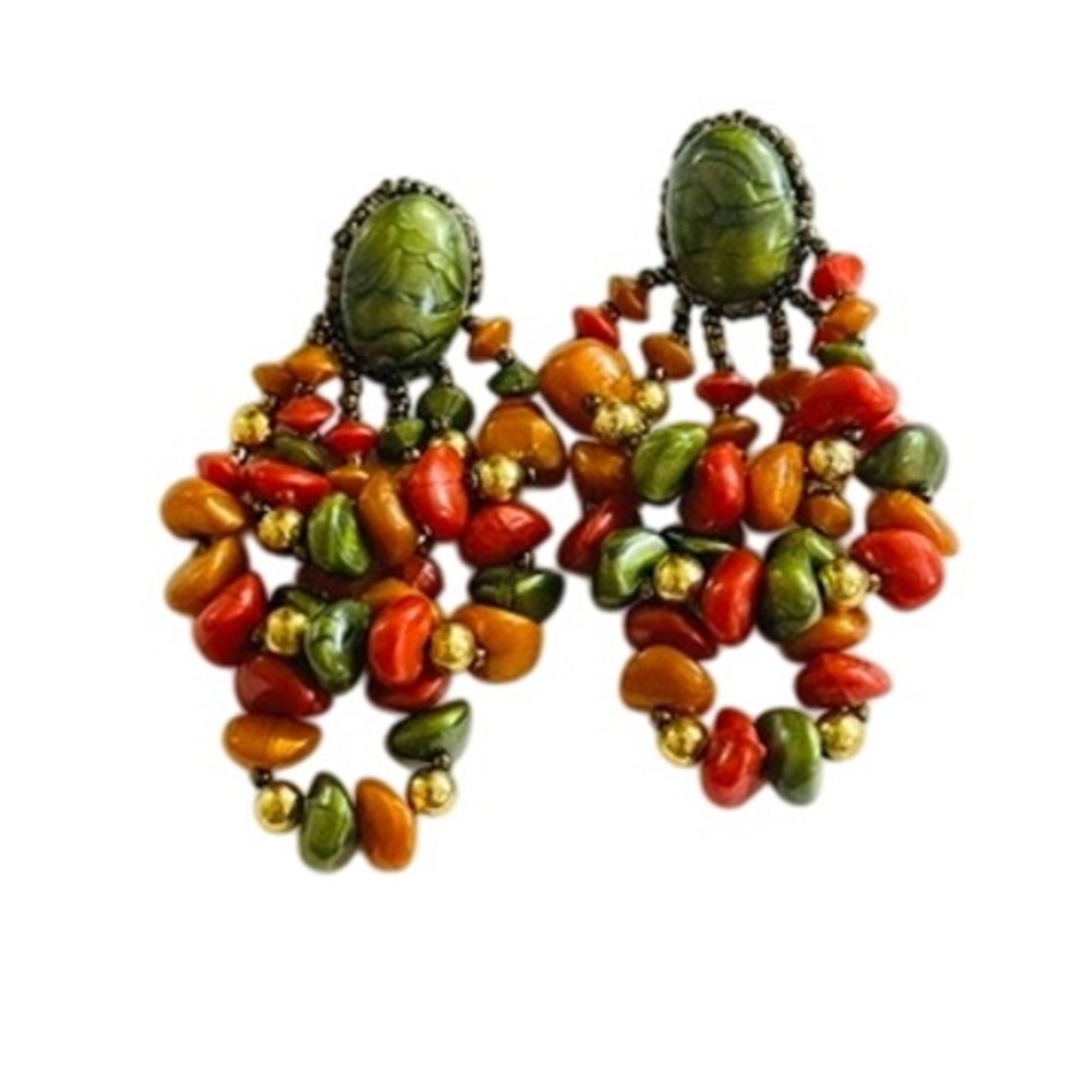 VTG Retro Earrings Chunky 80s Beads Lucite Dangle Statement Waterfall Pierced